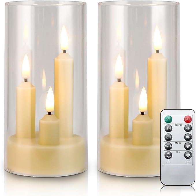 Enido 2 Pc Flameless LED 3-in-1 Taper Candles with Remote & Timer, Battery Operated Acrylic Pillar Set, 3" x 6" Flickering Electric Lights for Cozy Home & Holiday Romantic Decor (Clear)