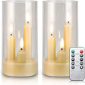 Enido 2 Pc Flameless LED 3-in-1 Taper Candles with Remote & Timer, Battery Operated Acrylic Pillar Set, 3" x 6" Flickering Electric Lights for Cozy Home & Holiday Romantic Decor (Clear)