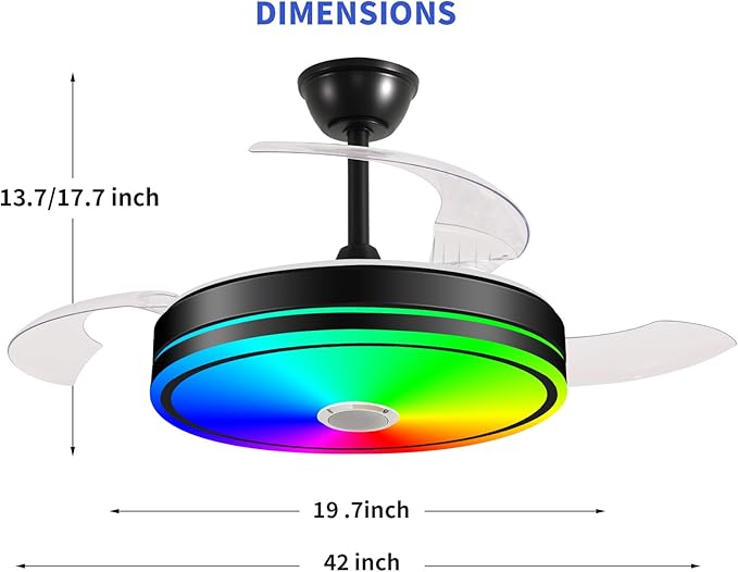 42'' Retractable Hanging Fan with Lights, Smart Fan Light with Bluetooth Speaker, App Control for Dimming & RGB Color Change Reversible Bedroom Living Room