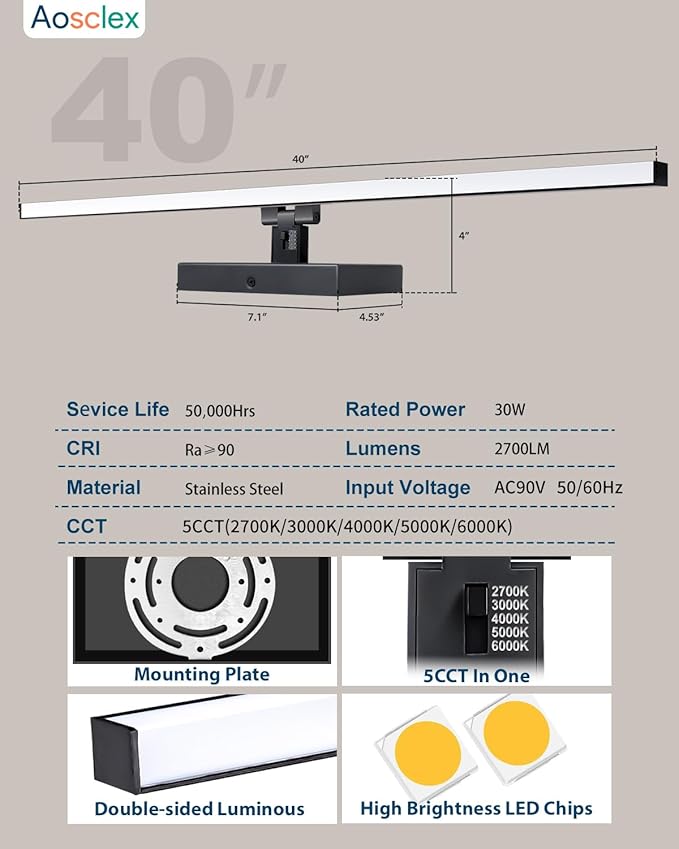 Aosclex 40 Inch Modern Bathroom Vanity Light, 180° Rotatable, 30W 2700LM 5CCT Adjustable (2700K–6000K), Dimmable LED Lights for Bathroom Mirror, IP44 Waterproof Black Light Bar, ETL Certificated