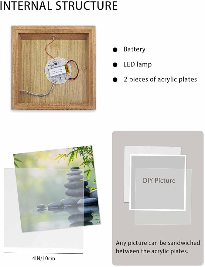 Wood Night Light Box 4.5x4.5in,Zen Meditation Stone Lake Table Lights Wooden Picture Frame with USB Rechargeable Touch LED Lights for Home Decor Desktop Display,Nature Landscape Still Life