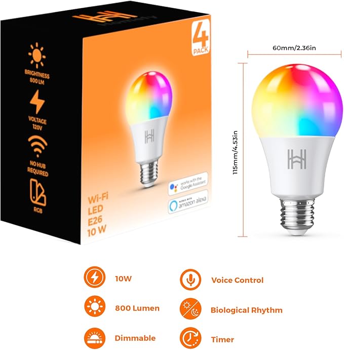 Smart Light Bulbs 4 Pack, A19 Color Changing LED (800 Lumens), WiFi & Bluetooth, Music Sync, Compatible with Alexa & Google Assistant, No Hub Needed, 16 Million Colors