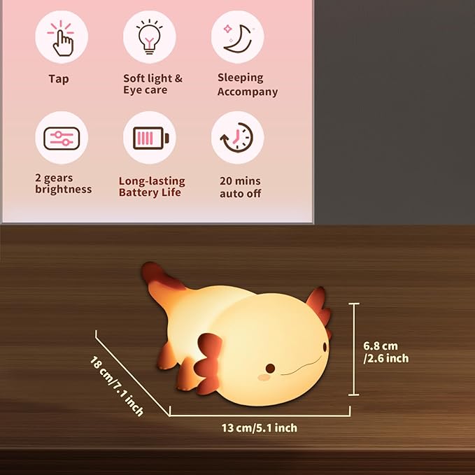 Axolotl Night Light for Kids, Animal Silicone Night Lamp, Rechargeable Table Lamp Bedside Lamp,Cute Room Decor Light for Bedroom,Living Room,Dining,Desk Decor,Ideal Gift(Axolotl)