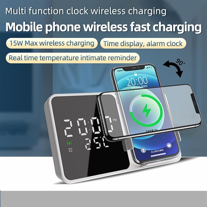 IHAO Multifunctional Alarm Clock with Wireless Charging for Phone 15W Fast Charger Large LED Display Temperature Phone Bracket for Bedside & Desk-W5 White