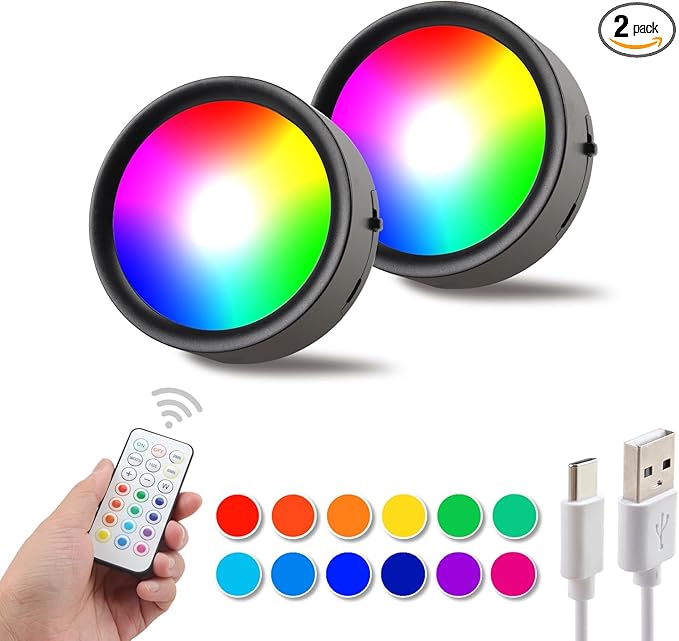 DAMI 2-Pack Rechargeable Under Cabinet Lighting Wireless, 3.3" Magnetic Puck Lights with Remote & Tap Control, 13 RGB Colors Dimmable Stick On LED Shelf Lights for Kitchen, Showcase, Rental Friendly