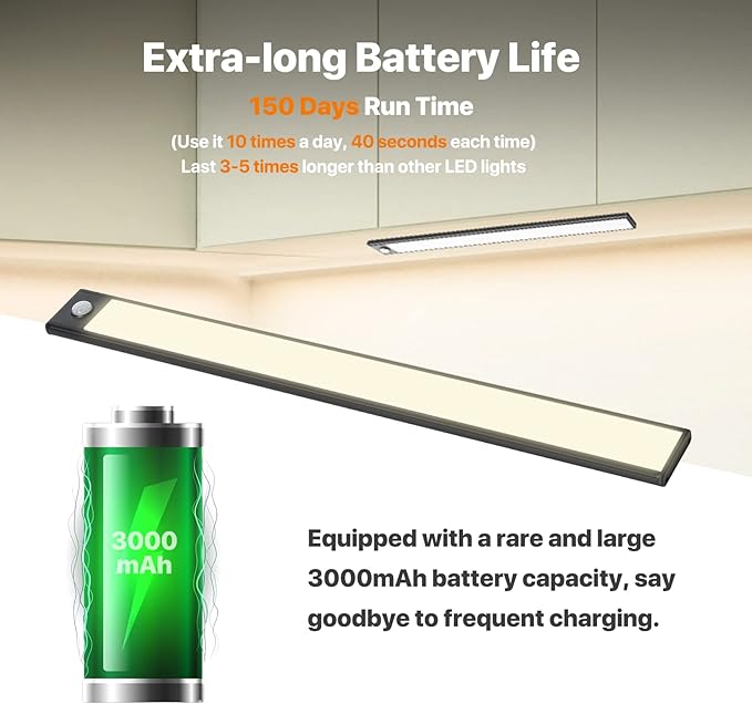 69 LED Under Cabinet Lighting 2 Pack, 3 Color Motion Sensor Light Indoor, 3000mAh Rechargeable Stepless Dimmable Closet Lights, Wireless Battery Operated Under Counter Light for Kitchen