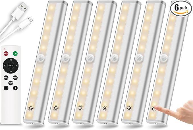 Remote Control Under Cabinet Lighting Wireless 6 Pack, 20-LED Dimmable Closet Lights Rechargeable Under Counter Light, Stick on Touch Night Light Strip Bar for Kitchen Stairway Bedroom, 3 Colors