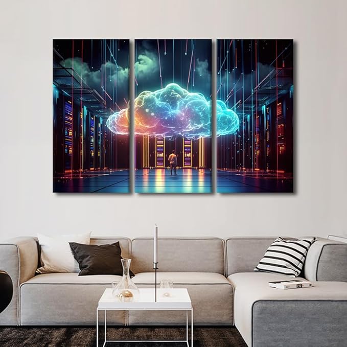 TUMOVO 3 Panels AI Art for Business and Technology Pictures Print on Canvas for Home Hotel Office Wall Decoration, Artificial Intelligence Artwork Stretched Framed Ready to Hang, 60" Wx40 H