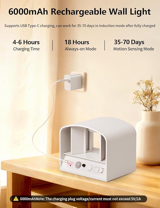 Motion Sensor Wall Light with Remote Control, 5000mAh Rechargeable Battery Powered Wall Lamps, Dimmable 2700-6500K, Adjustable Beam Angle, White Up and Down Wireless Wall Sconce for Indoor, 4-Pack