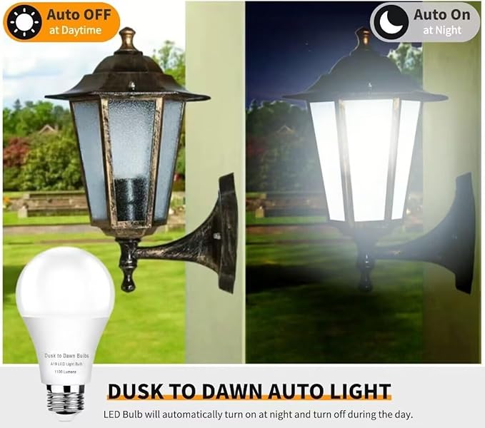 4-Pack Dusk to Dawn Light Bulbs Outdoor, 10W (75W Equivalent) E26 A19 LED, 4000K Cool White, 1100LM, Auto On/Off Sensor Security Bulb for Porch, Garage, Garden