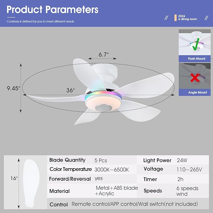 36 Inch White Ceiling Fan with Light, 5 Blades Flush Mount Fan with RGB & 3 CCT Dimmable Light, APP & Remote Control, Built-in Speaker, Reversible, 6 Speeds for Bedroom Living Room