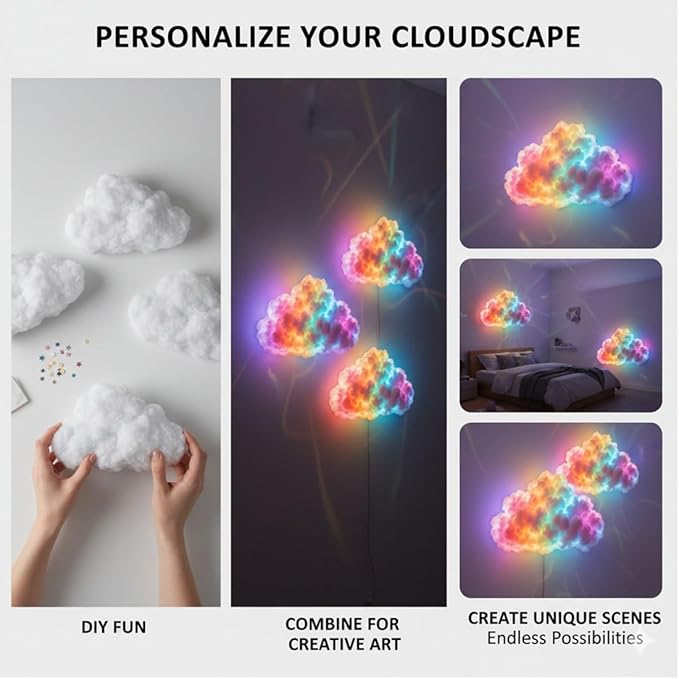 DIY USB-Powered Thundercloud LED Light Decor, 3D Cloud Ambient Light Kit, LED Cloud Lamp with Music Rhythm & Multicolor Color-Changing USB LED Strip, Cool Things for Your Room (LED200cm)
