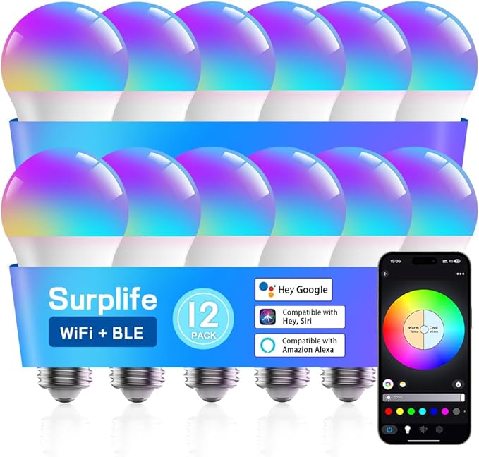 Smart Light Bulbs,Full Color Changing Dimmable LED Bulb,Compatible with Alexa and Google Assistant,UL FCC Certified,2.4GHz WiFi+Bluetooth LED Light Bulbs, Music Sync Smart Home Lighting (12)