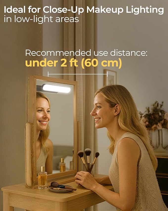 Wireless Rechargeable Bathroom Vanity Light – Black, 1600mAh Battery Operated Makeup Light Stick On, with 3 Color Modes & Touch Control, Adjustable Angle, USB-C Fast Charging for Above Mirror