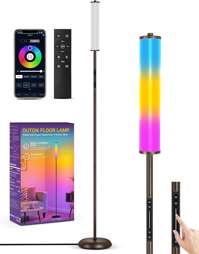 OUTON Corner Floor Lamp with Remote, Touch & App Control, RGB Color Changing Standing Lamp with 32 Modes, 360 Lighting, 3 Color Temperatures, Dimmable 66 in Tall Lamp for Living Room Bedroom,Brown