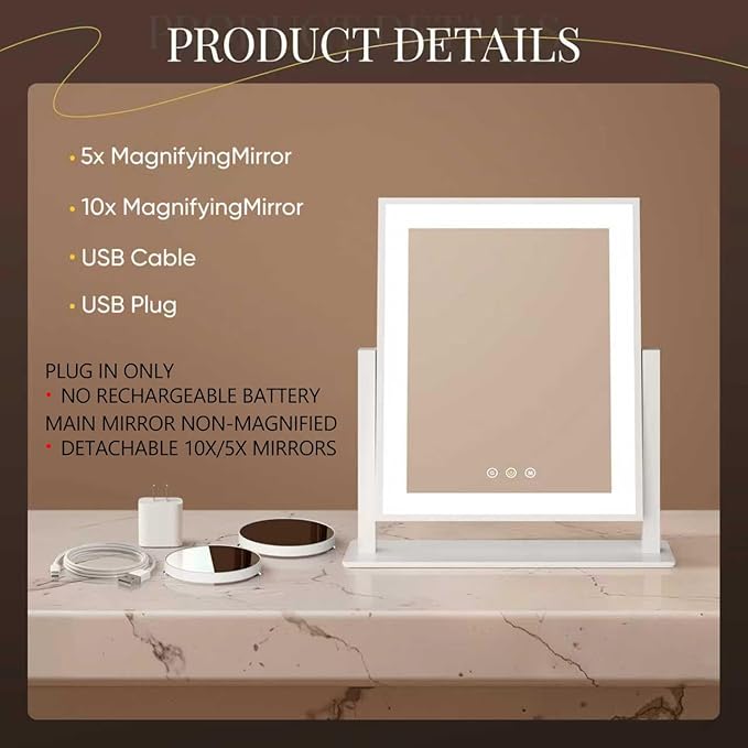 DECADENCE Makeup Mirror, 14’’ LED Vanity Mirror with Lights Detachable 10X/5X Magnification, 3 Color Lighting Modes,Smart Touch Control,360°Rotation Tabletop Make Up Mirror for Bedroom Bathroom