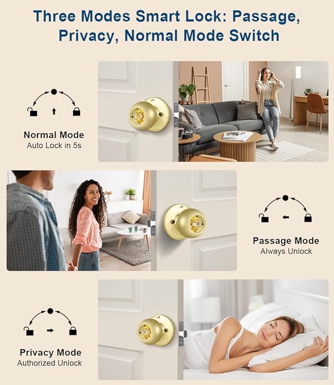 Fingerprint Door Lock, Smart Fingerprint Door Knob with Keypad, Biometric Door Lock with App Control, Auto Lock Door Lock with Code, Keyless Door Knob with Lock for Bedroom, Home,Office-Brass