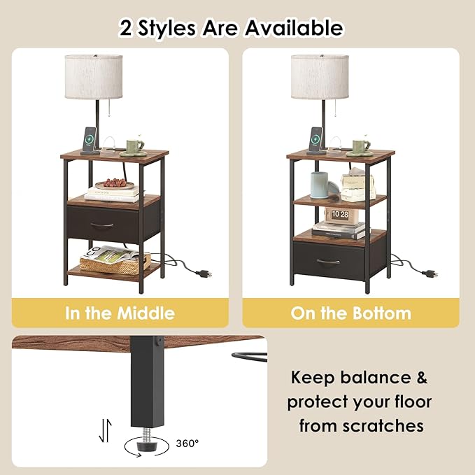 Fixwal Nightstand with Lights Bedside Table with 3 Color Temperatures Bulb, Night Stand with Charging Station End Table with Adjustable Fabric Drawer for Bedroom Dorm