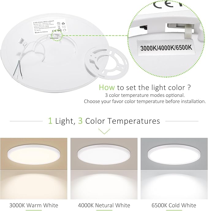 6 Pack LED Flush Mount Ceiling Light, 24W Ultra Thin Round White 3000k/4000k/6500k 3 Color Temperatures Adjusted 12 Inch Modern Ceiling Lights for Bedroom Bathroom Kitchen