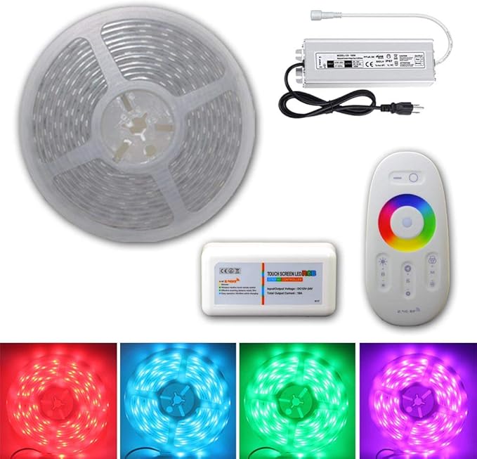 Continuous 55FT/Roll 12V 60LEDs/M RGB SMD 5050 LED Strip Light Flexible Waterproof IP65 Indoor/Outdoor with RF Remote & Controller and Power Supply