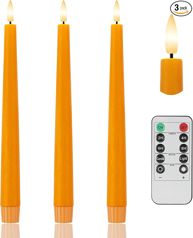 Orange Flameless Taper Candles, 9.6" Halloween Battery Operated Candles with Remote, Real Wax Fall Led Candle, Flickering Flameless Candlesticks for Fall, Thanksgiving, Harvest, Halloween Decor, 3 Pcs