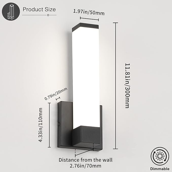Dimmable Wall Lights for Bedroom Modern Black Indoor LED Hallway Sconces Corner Light 12" Inch Height 12W 4000K Bedside Stair Sconces Wall Lighting Lamps 110V AC.