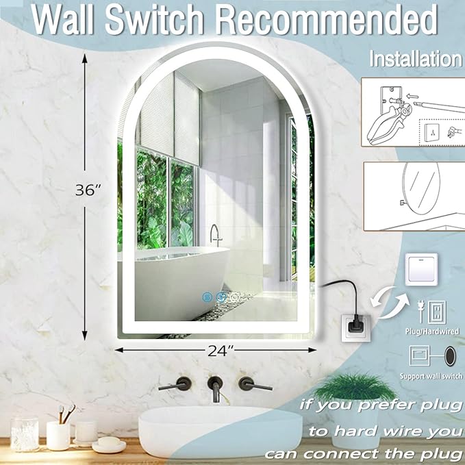36 x 24 Inch Bathroom Arch Vanity Mirror with Light Arch LED Mirror for Bathroom Wall Mounted Arched Lighted Mirror AntiFog Dimmable 3 Color 36" Half Round Arched Smart LED Light up Mirror
