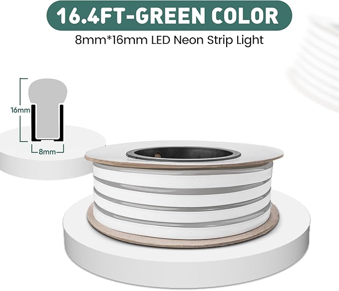 GZBtech Flexible LED Neon Rope Lights 16.4FT, 110-120V Waterproof Strip Light,120 LEDs/M Cuttable Connectable Neon Lighting for Indoor Outdoor Home Decor/Commercial Building Use-Green 5M, ETL Listed