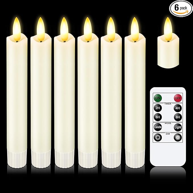 KSWING Upgraded Real Wax Short LED Flameless Taper Candles with Remote, 6 PCS White Candlesticks Battery Operated 3D Flickering - 6" Realistic Fake Candle Sticks for Home/Wedding/Fireplace Xmas Decor