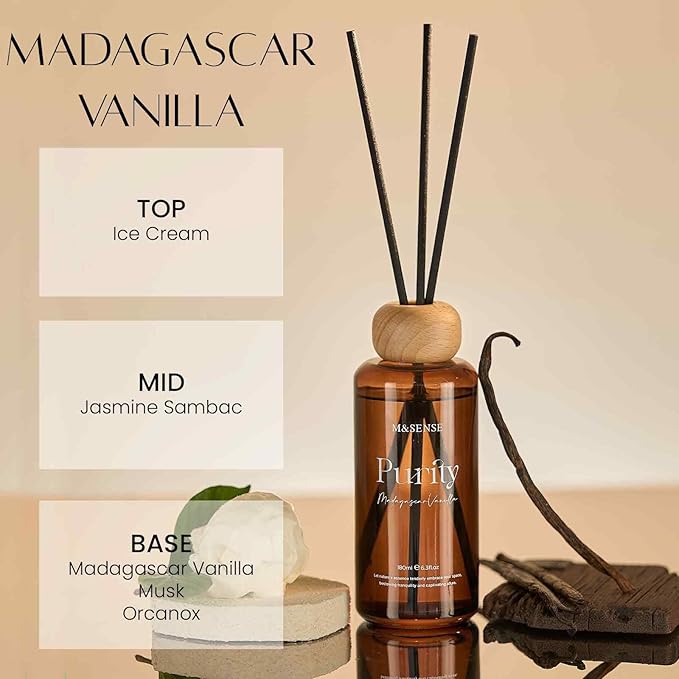 M&SENSE Reed Diffuser Set, Madagascar Vanilla Scented 6.3 fl oz Natural Essential Oil Diffusers with Sticks, Non-Toxic Organic Air Freshener, Long-Lasting Fragrance Oils for Living Room Bedroom