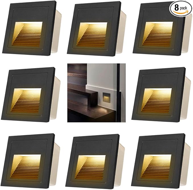 120V Indoor Outdoor Step Lights, Indoor LED Stair Lights Warm White 3000K, IP44 Waterproof Recessed Wall Lights for Stair, Bedroom, Kitchen, Balcony, Aluminum, 8Pack, Black