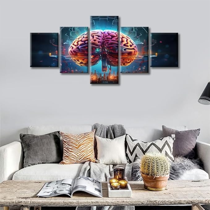 5 Pieces Brain Neural Human Head Pictures for Living Room Smart Brain Canvas Wall Art House Decor Brain Nervous System Modern Office Wall Decor Framed Wall Art for Home Bedroom, (50" Wx24 H)