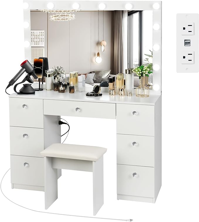 SMOOL Vanity with Lighted Mirror, Makeup Vanity Desk with Power Outlet and LED Bulbs, 3 Color Lighting Modes Adjustable Brightness, 7 Drawers Vanity Table with Cushioned Stool for Bedroom, White