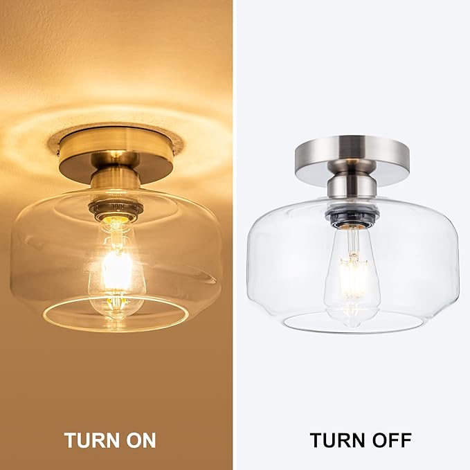 Tbaoinal Semi Flush Mount Ceiling Light Clear Glass Shade Matal Base, Inclede LED Bulb, Low-Profile for Kitchen/Hallway/Entryway/Bathroom, Silver