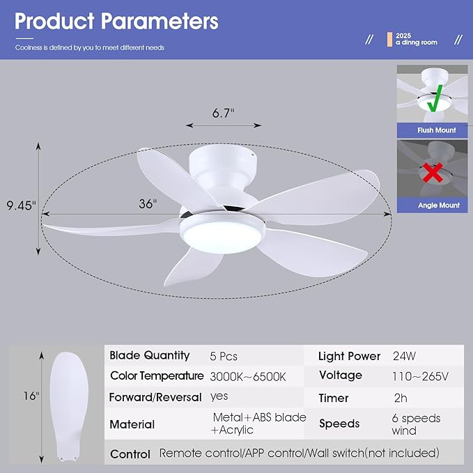 36 Inch Modern Ceiling Fans with Lights, Small Flush Mount Ceiling Fans, Remote/APP Control, 5 Reversible Curved Blades, 6 Speeds, 3 CCT Dimmable Lights for Kitchen Bedroom, White