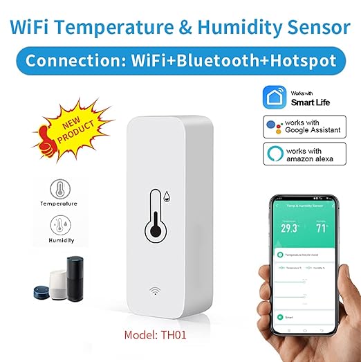 WiFi Humidity Temperature Monitor: Smart Hygrometer Thermometer for Remote Monitor and Alert, High Precision Indoor Thermometer with TUYA App, No Hub Required, Compatible with Alexa (1-Pack)