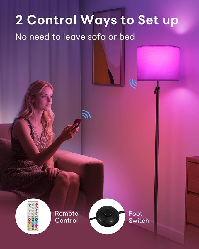 Floor Lamp for Living Room with RGBCW Color Changing Bulbs Dimmable, Adjustable Height Standing Lamp with Remote Control, 10W 1200 Lumen, Tall Lamp for Living Room, Bedroom, Office, Black