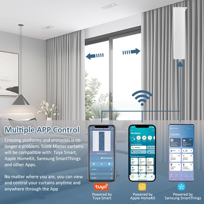 Matter over WiFi Smart Curtain Motor with Retractable Track, 2.5N.m High Torque Automatic Drapery Opener, Compatible with HomeKit, Alexa, Google Home (2.8-5.2 meters (110.2-204.7 inches) Adjustable)