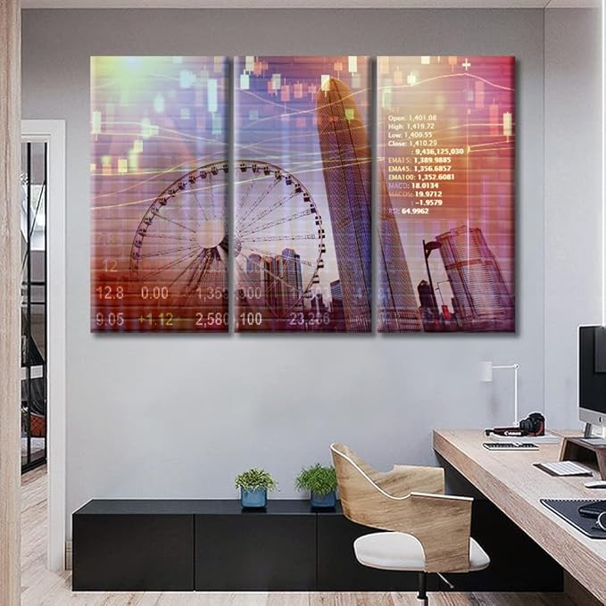 TUMOVO Stock Market on Display Canvas Paintings Wall Art for Living Room 3 Piece Urban Background Artwork Wall Decor Living Room Stock Market Picture Print on Canvas Framed Ready to Hang (60" Wx40 H)