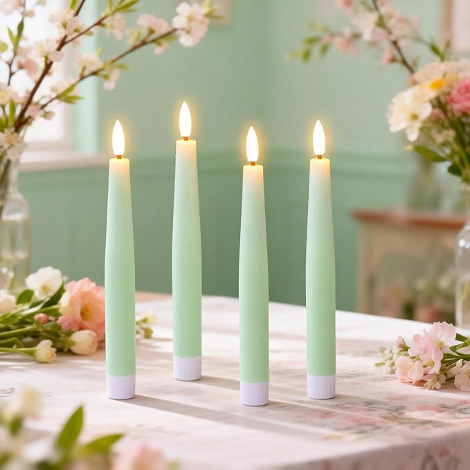Green Flameless Taper Candles, Spring LED Flickering Taper Candles Battery Operated with Remote Timer, 4 Pcs Flameless Candlesticks for Spring Wedding Home Decorations(D0.78” x H8.1”)
