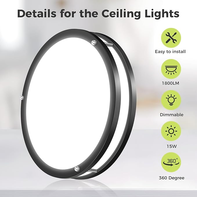 hepside 2 Pack Flush Mount Ceiling Light Fixture, Dimmable & 5CCT Ceiling Light Black, 10inch 15W 3000K 3500K 4000K 5000K 6500K Adjustable Ceiling Lamps for Kitchen Bathroom Bedroom Hallway