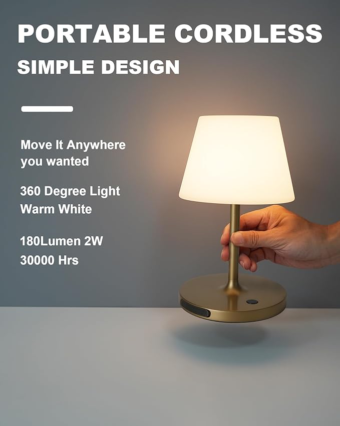 Outdoor Battery Operated Table Lamp Waterproof, 4000mAh Cordless Table Lamp Rechargeable, Touch Dimmable Desk Lamp, LED Night Light for Patio Camping Restaurant Home (Gold, 9.6in)