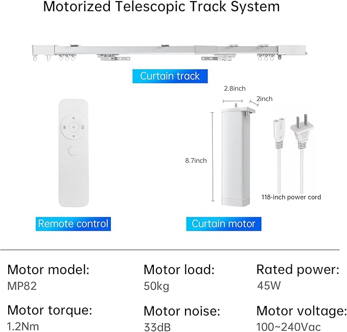 Smart Electric Curtain Ceiling Mounted Motorized Motor System Adjustable Track Length Compatible with Alexa Google Siri Apple 70-118in.