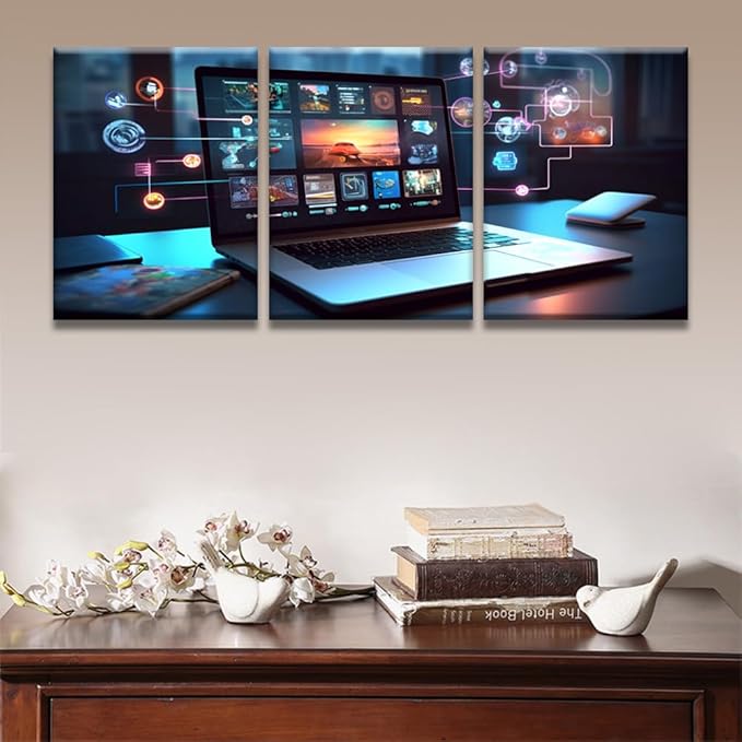 Bedroom Wall Decor 3 Panel Cloud Technology,Smart Home Artwork Print on Canvas for Living Room Bedrooms Wall Decorations, Wooden Framed Gallery-Wrapped Ready to Hang 12x16inchx3