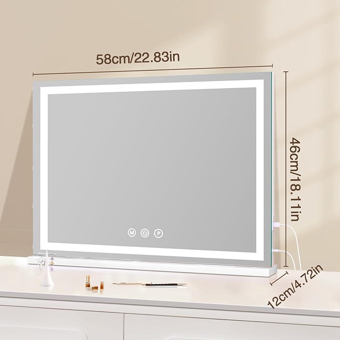 Large Lighted Vanity Mirror, 23" x 19" Light Up Make up Mirror with Smart Touch 3 Colors Dimmable, Tabletop or Wall-Mounted, Memory Function
