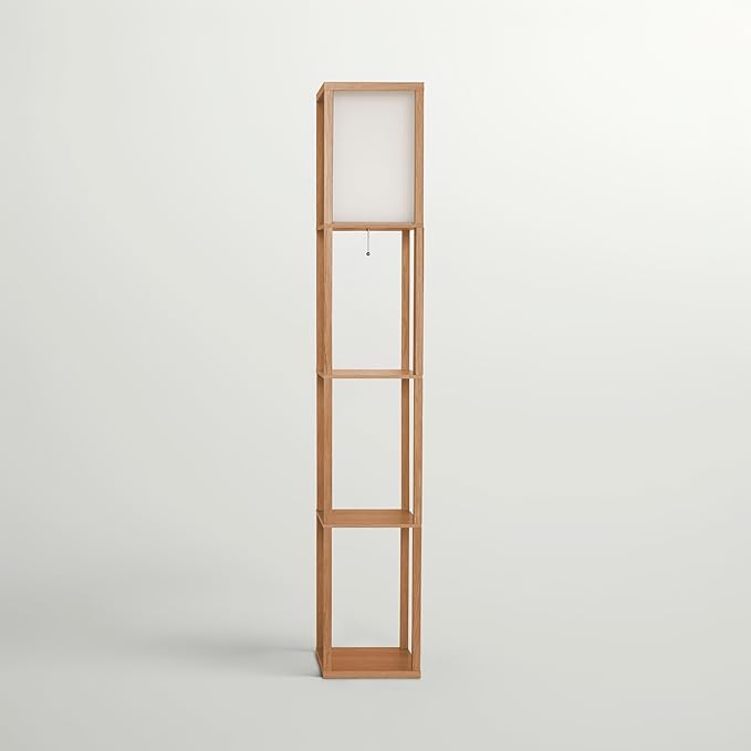 Brightech Maxwell - Modern Shelf Floor Lamp with Lamp Shade & Warm White LED Bulb, Corner Display Floor Lamp with Shelves for Living Room, Bedroom, Nightstand Office, Home Decor Storage - Natural Wood