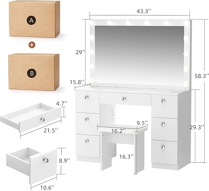 SMOOL Vanity with Lighted Mirror, Makeup Vanity Desk with Power Outlet and LED Bulbs, 3 Color Lighting Modes Adjustable Brightness, 7 Drawers Vanity Table with Cushioned Stool for Bedroom, Marble