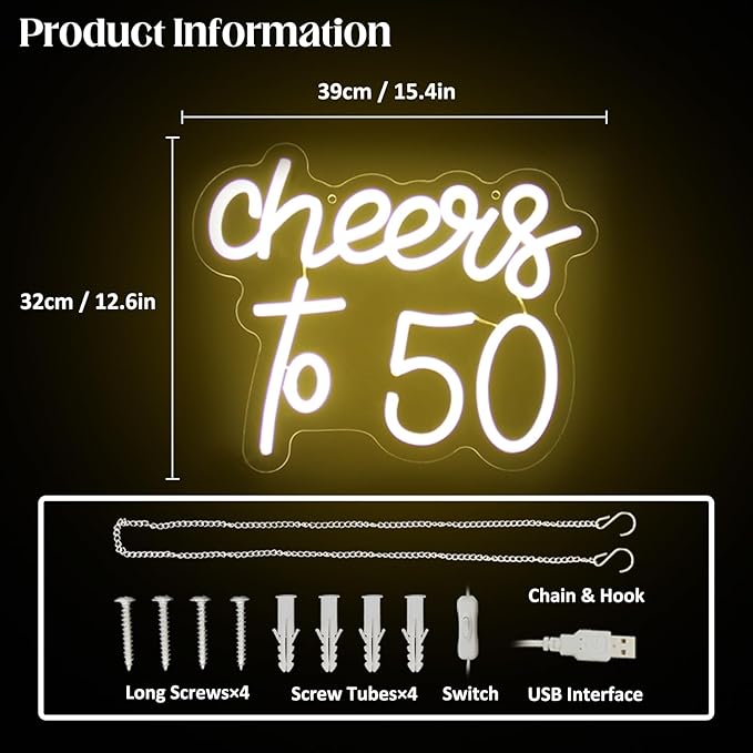 Cheers to 50 Neon Sign Happy 50th Birthday LED Signs for Wall Decor Warm White Neon Light Sign Letter Neon light Cheers to 50 Years Neon Signs for Bedroom Bar Birthday Wedding Party Decor
