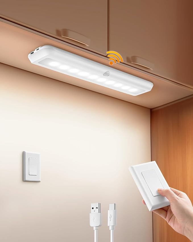 SURAIELEC Rechargeable Under Cabinet Light with Wall Switch, 3500mAh Under Counter Lighting, Wall Switch Remote or Motion Sensor, 6500K 150LM, Magnetic Led Light Bar for Kitchen, Closet, Shelf,1-Pack