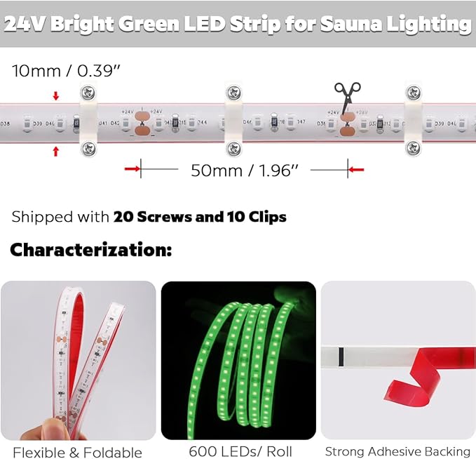 SuperLightingLED Flex Green LED Strip Sauna Room Lighting, DC24V Durable High-temperature Resistant Dimmable Trimmable 5m/16.4ft 600 LEDs Bright IP68 Vapor Tight Chromotherapy Light for Sauna (Green)
